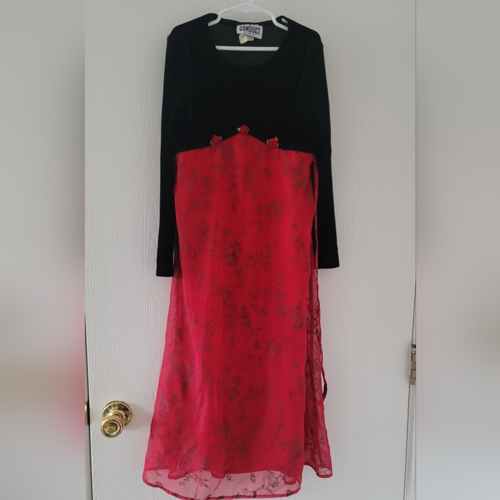 Disorderly Conduct Girls Long Formal Dress Red Chiffon Black Velvet Velour Sz 10